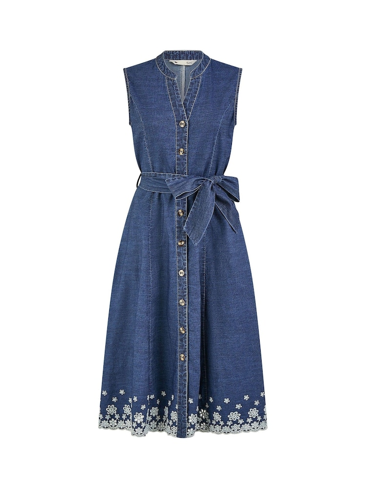 Yumi Blue Chambray 100% Cotton Midi Embroidered Shirt Dress - Image 5 of 5