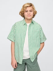 Gap Green & White Stripe Linen-Cotton Relaxed Shirt (4-13yrs) - Image 1 of 5