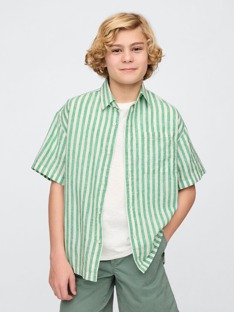 Gap Green & White Stripe Linen-Cotton Relaxed Shirt (4-13yrs) - Image 1 of 5