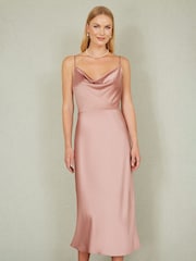 Yumi Pink Satin Cowl Neck Midi Dress - Image 1 of 5