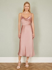 Yumi Pink Satin Cowl Neck Midi Dress - Image 2 of 5