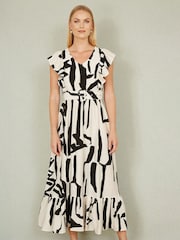 Yumi Cream Abstract Print Viscose Midi Dress With Matching Belt - Image 1 of 5