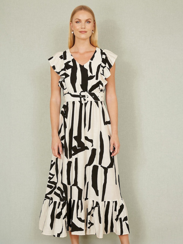 Yumi Cream Abstract Print Viscose Midi Dress With Matching Belt - Image 1 of 5