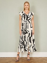 Yumi Cream Abstract Print Viscose Midi Dress With Matching Belt - Image 2 of 5