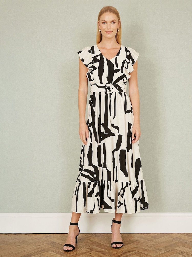 Yumi Cream Abstract Print Viscose Midi Dress With Matching Belt - Image 2 of 5