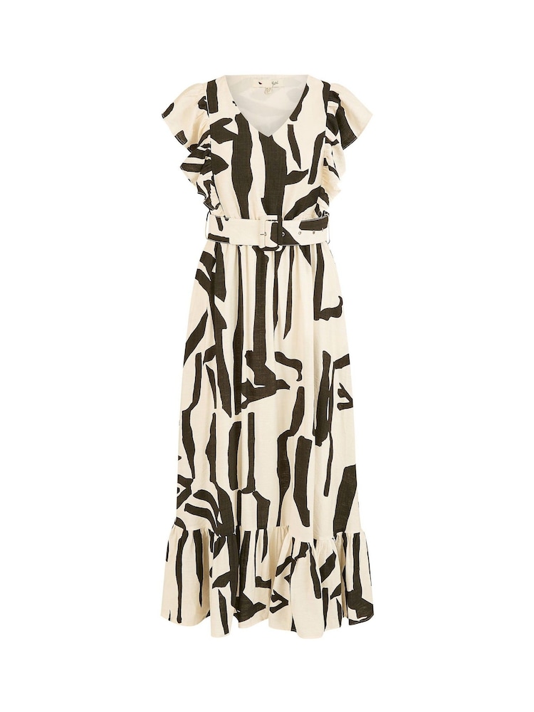 Yumi Cream Abstract Print Viscose Midi Dress With Matching Belt - Image 5 of 5