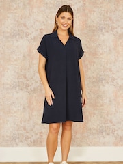 Yumi Blue Relaxed Fit Collared Tunic Dress - Image 2 of 5