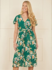 Yumi Green Floral Pleated Wrap Dress - Image 1 of 5