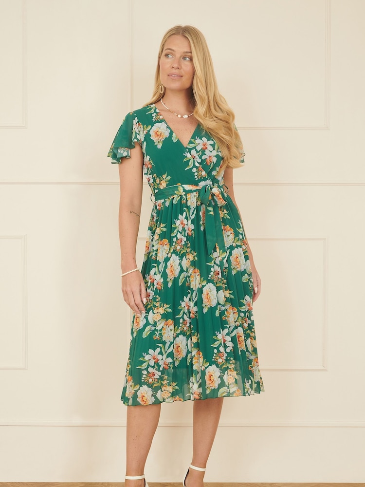 Yumi Green Floral Pleated Wrap Dress - Image 2 of 5