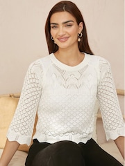 Yumi Cream Crochet Knitted Jumper With Scallop Edge - Image 1 of 5