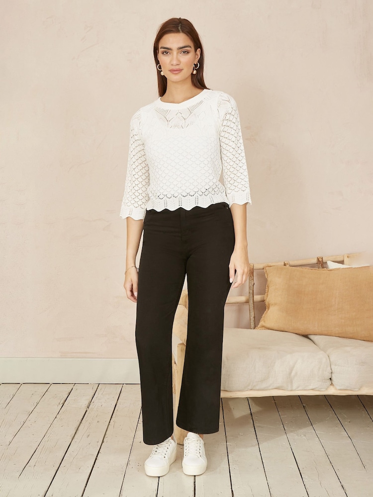 Yumi Cream Crochet Knitted Jumper With Scallop Edge - Image 2 of 5