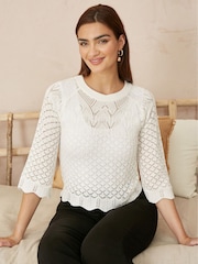 Yumi Cream Crochet Knitted Jumper With Scallop Edge - Image 3 of 5
