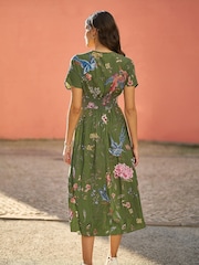 Yumi Green Viscose Bird and Floral Print Kimono Midi Dress - Image 2 of 5