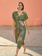 Yumi Green Viscose Bird and Floral Print Kimono Midi Dress - Image 3 of 5