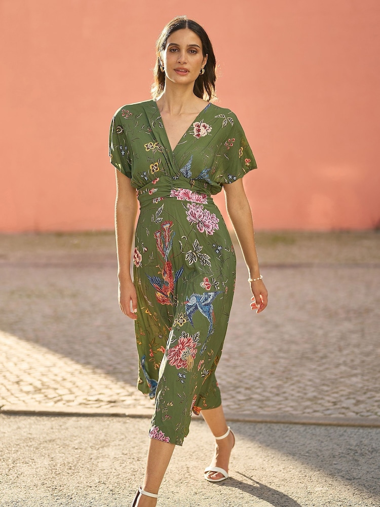 Yumi Green Viscose Bird and Floral Print Kimono Midi Dress - Image 3 of 5