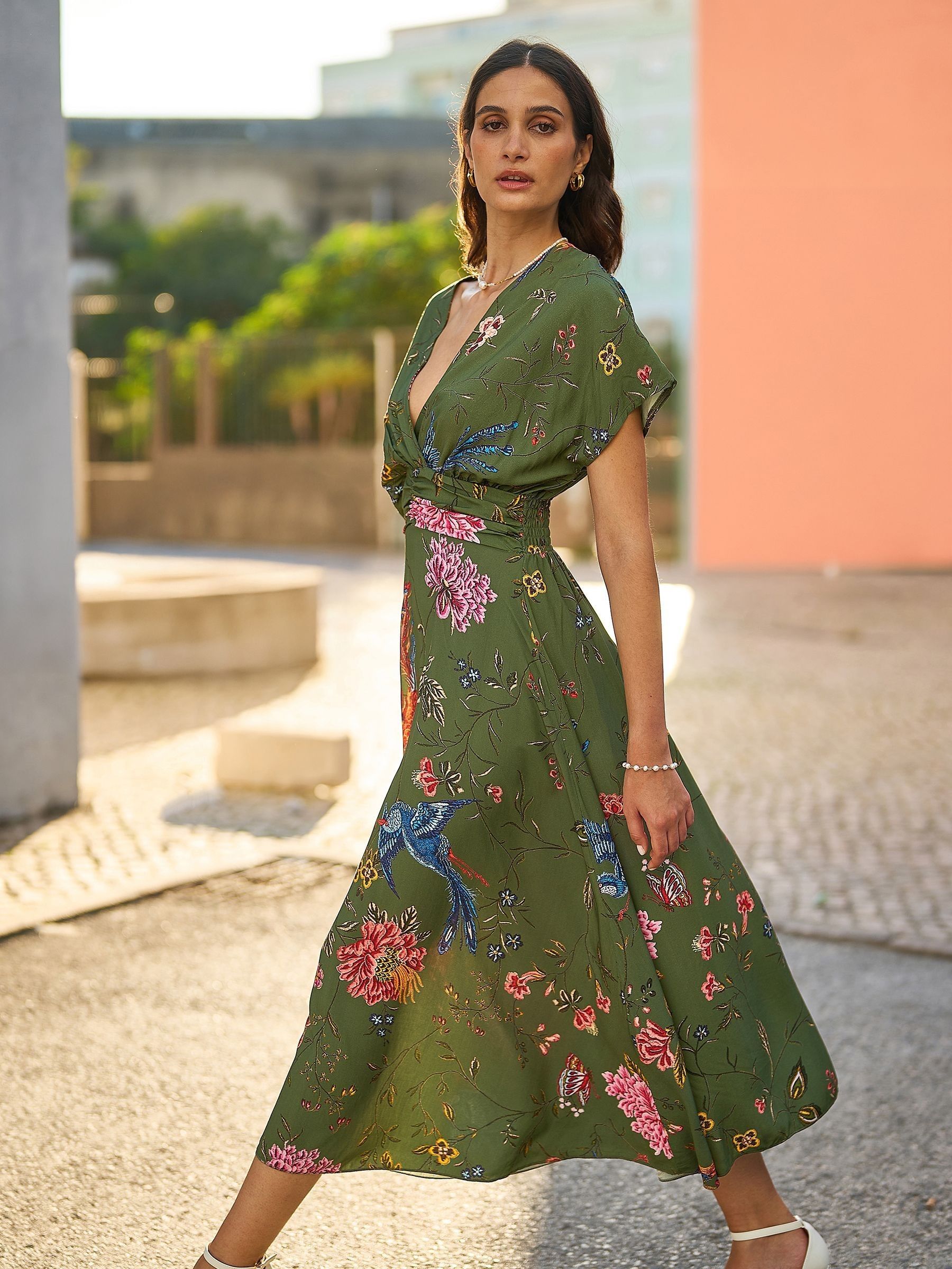 ショップレビュー ランキング Viscose Green Yumi Buy Bird Midi Kimono Print Floral and ブーケ