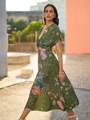 Yumi Green Viscose Bird and Floral Print Kimono Midi Dress - Image 4 of 5