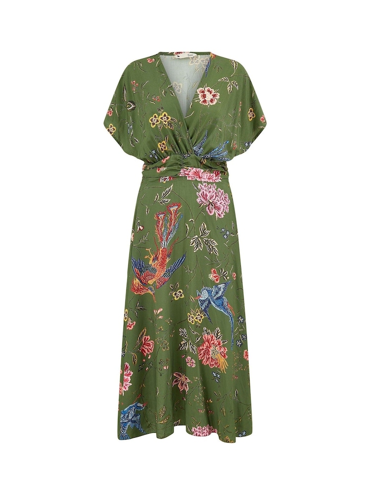 Yumi Green Viscose Bird and Floral Print Kimono Midi Dress - Image 5 of 5