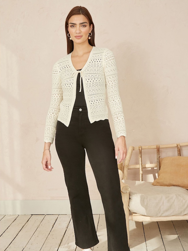 Yumi Cream Crochet Tie Front Cardigan - Image 2 of 5