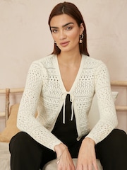 Yumi Cream Crochet Tie Front Cardigan - Image 3 of 5