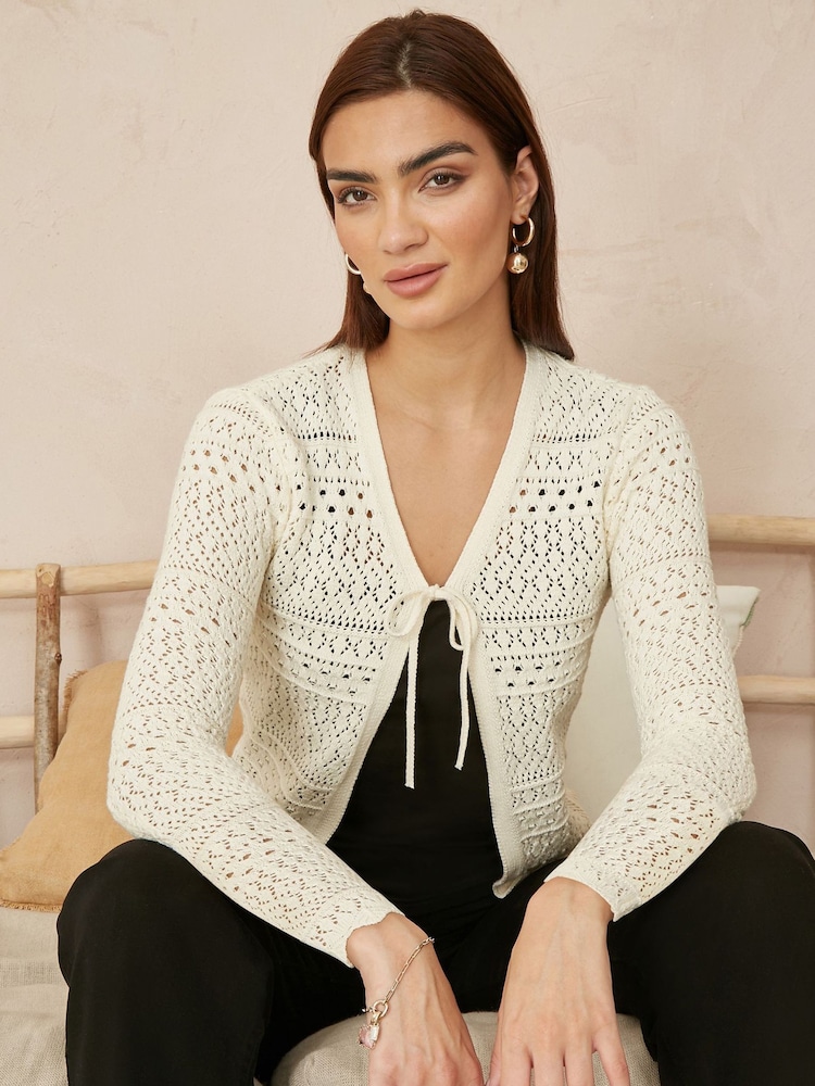 Yumi Cream Crochet Tie Front Cardigan - Image 3 of 5