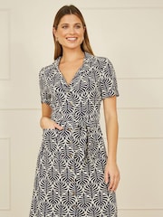 Yumi Blue Leaf Print Retro Shirt Dress - Image 1 of 5