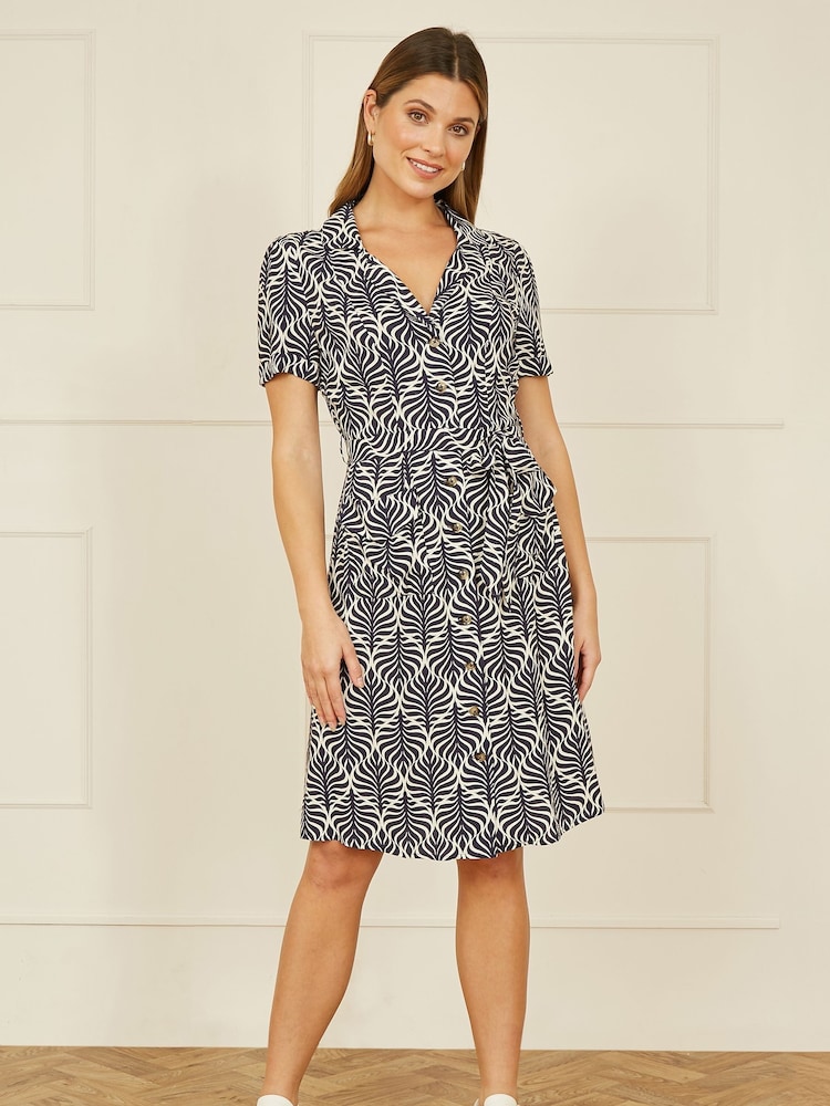 Yumi Blue Leaf Print Retro Shirt Dress - Image 2 of 5