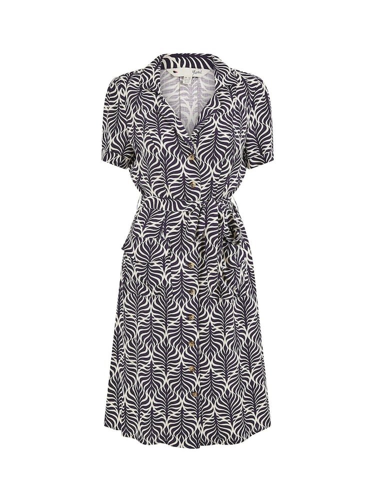 Yumi Blue Leaf Print Retro Shirt Dress - Image 5 of 5