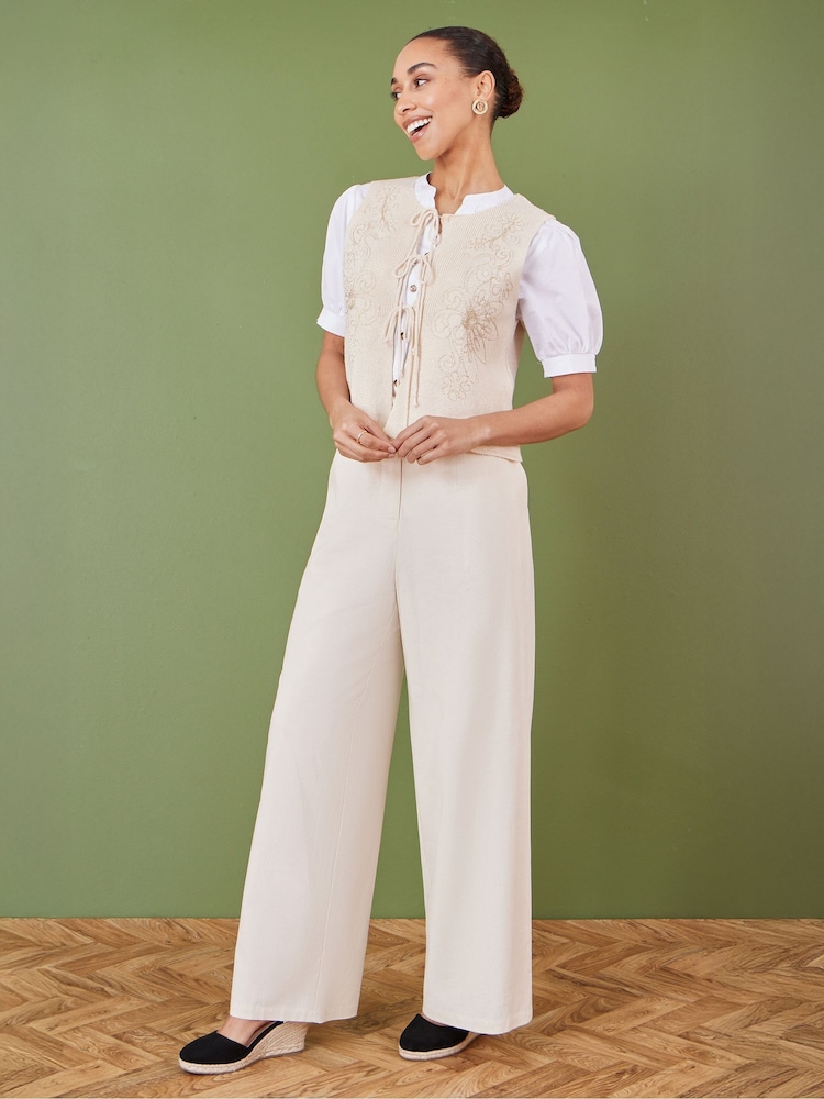 Yumi Cream 100% Cotton Knitted Tie Front Waistcoat With Floral Details - Image 2 of 5