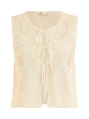 Yumi Cream 100% Cotton Knitted Tie Front Waistcoat With Floral Details - Image 5 of 5