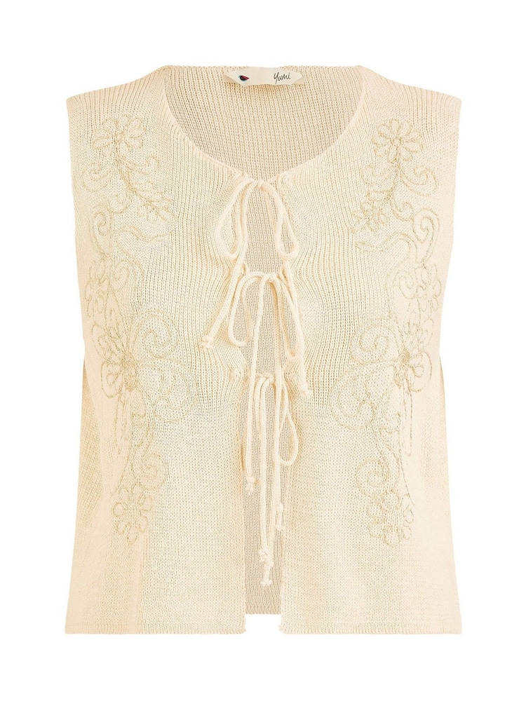 Yumi Cream 100% Cotton Knitted Tie Front Waistcoat With Floral Details - Image 5 of 5