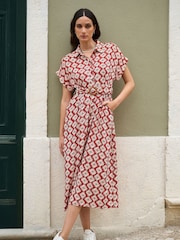 Yumi Red Viscose Midi Shirt Dress With Matching Belt - Image 1 of 5