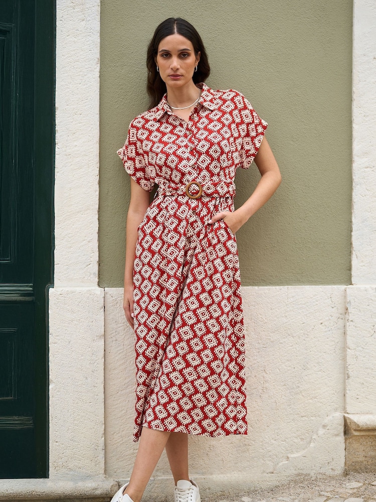 Yumi Red Viscose Midi Shirt Dress With Matching Belt - Image 1 of 5