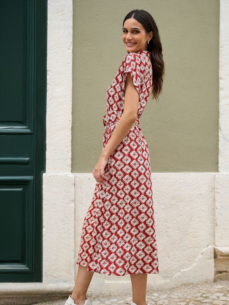 Yumi Red Viscose Midi Shirt Dress With Matching Belt - Image 2 of 5