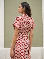 Yumi Red Viscose Midi Shirt Dress With Matching Belt - Image 3 of 5