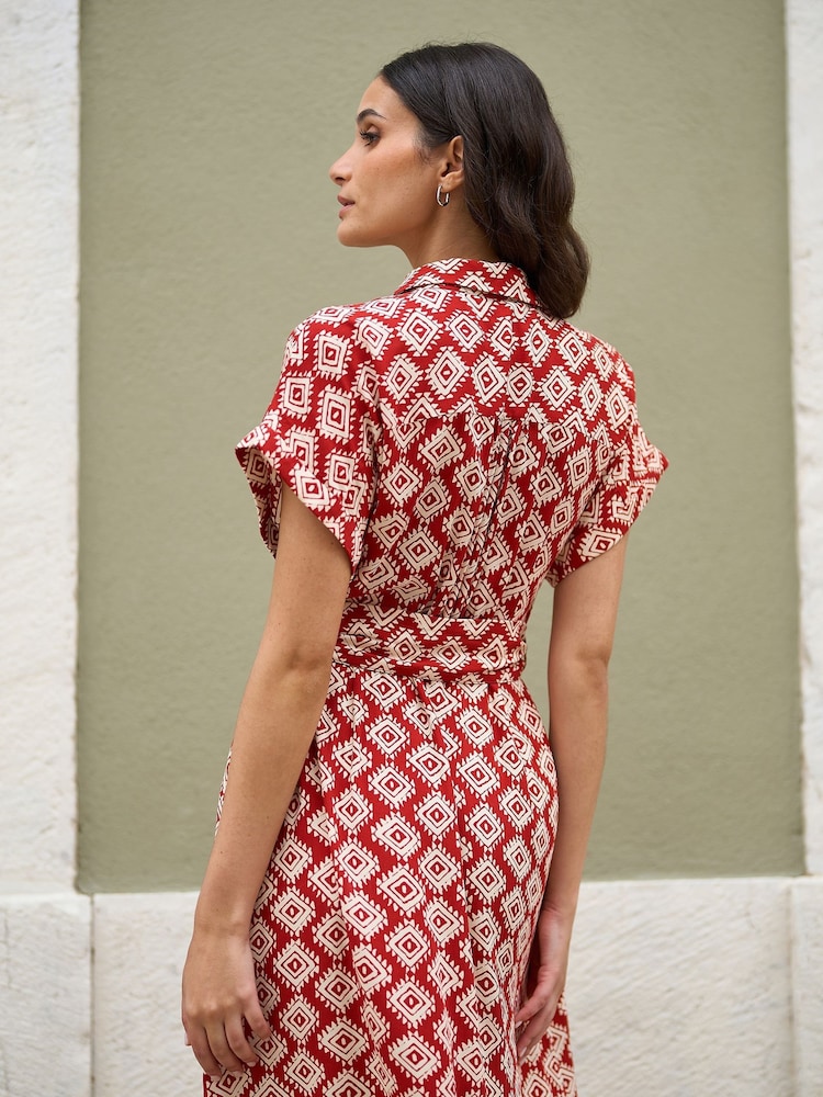 Yumi Red Viscose Midi Shirt Dress With Matching Belt - Image 3 of 5