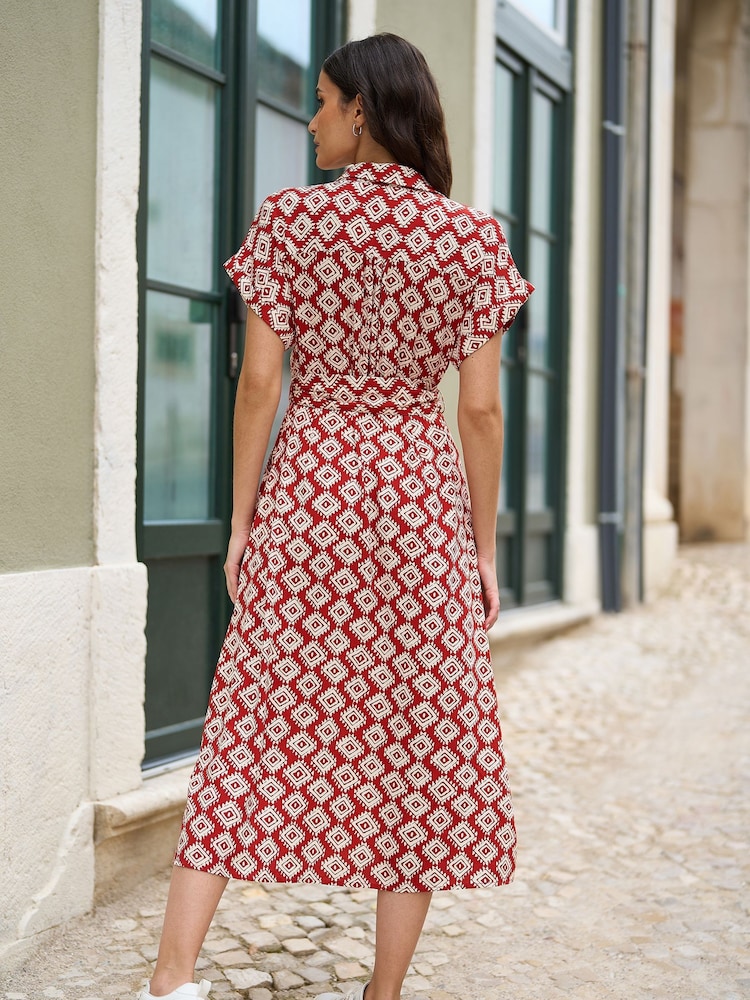 Yumi Red Viscose Midi Shirt Dress With Matching Belt - Image 4 of 5