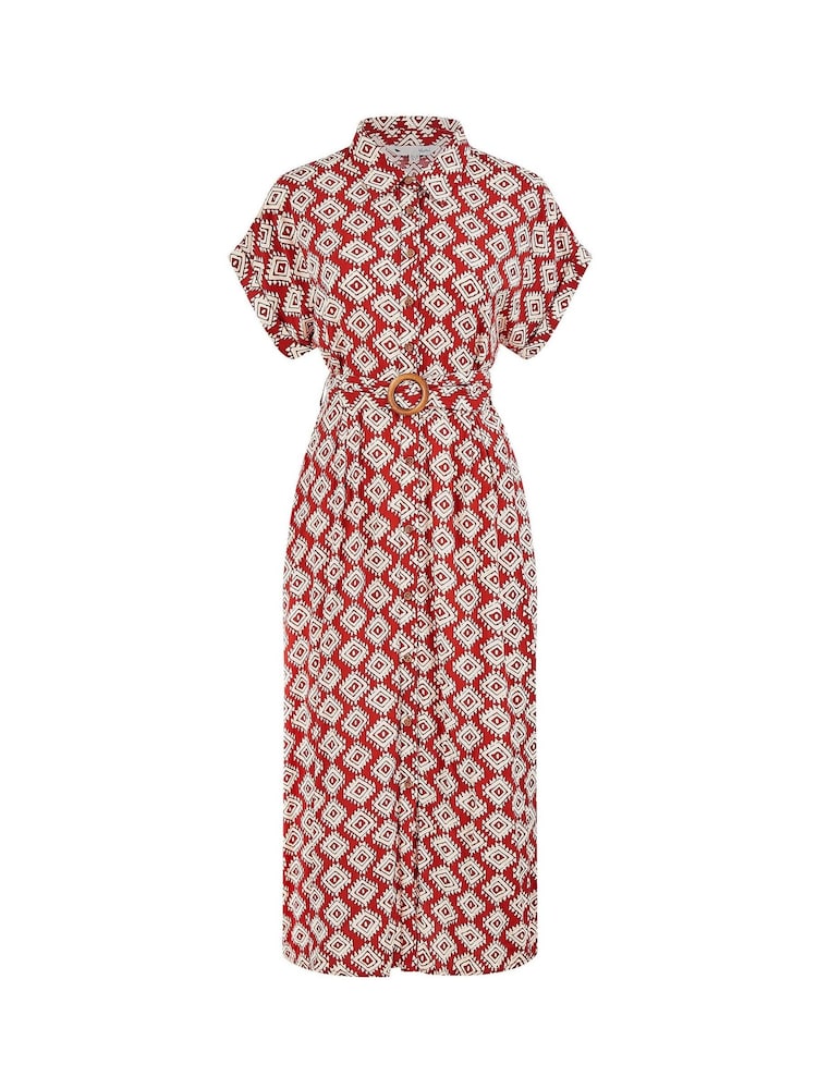 Yumi Red Viscose Midi Shirt Dress With Matching Belt - Image 5 of 5