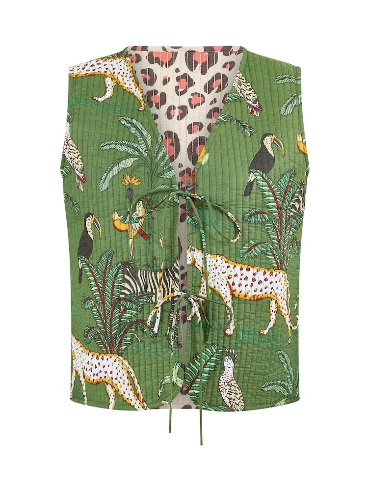 Yumi Green Animal Reversible Cotton Quilted 100% Cotton Waistcoat - Image 5 of 5