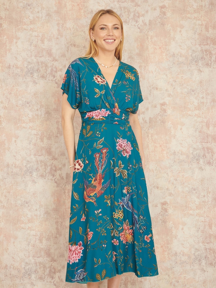 Yumi Blue Viscose Bird and Floral Print Kimono Midi Dress - Image 1 of 4