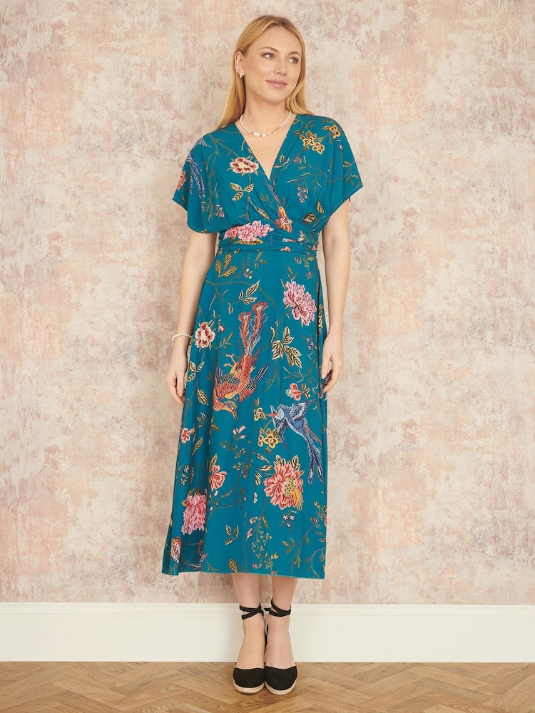Yumi Blue Viscose Bird and Floral Print Kimono Midi Dress - Image 2 of 4