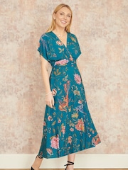 Yumi Blue Viscose Bird and Floral Print Kimono Midi Dress - Image 3 of 4