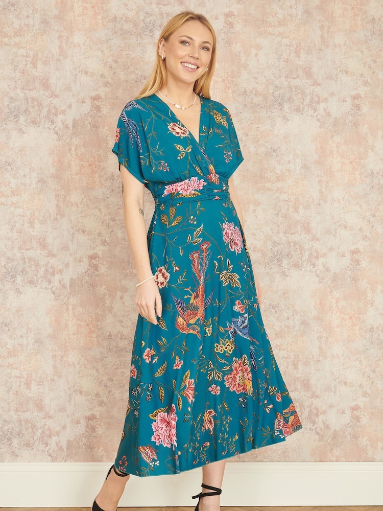 Yumi Blue Viscose Bird and Floral Print Kimono Midi Dress - Image 3 of 4