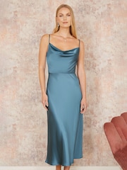 Yumi Blue Dark Satin Cowl Neck Midi Dress - Image 1 of 5