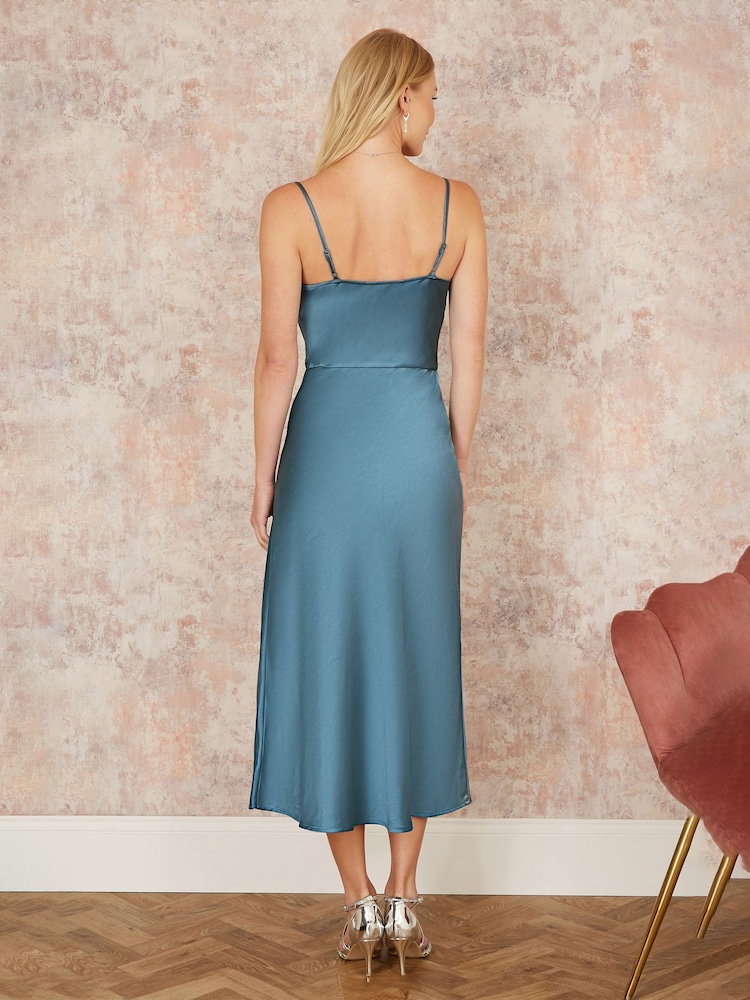Yumi Blue Dark Satin Cowl Neck Midi Dress - Image 4 of 5