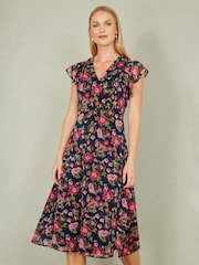 Yumi Blue Floral Midi Skater Dress - Image 1 of 5