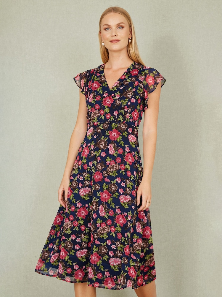 Yumi Blue Floral Midi Skater Dress - Image 1 of 5