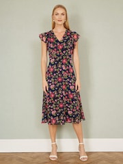 Yumi Blue Floral Midi Skater Dress - Image 2 of 5
