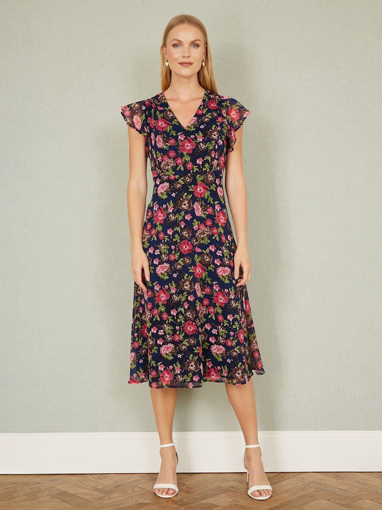Yumi Blue Floral Midi Skater Dress - Image 2 of 5