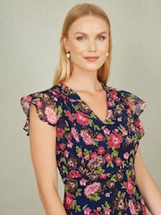 Yumi Blue Floral Midi Skater Dress - Image 3 of 5